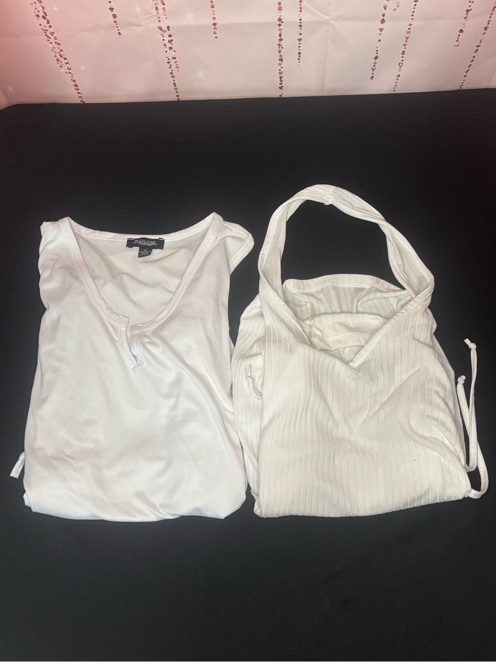 2 Rouge Helium White Tops 1 halter top & 1 tank top both W/ drawstrings on sides